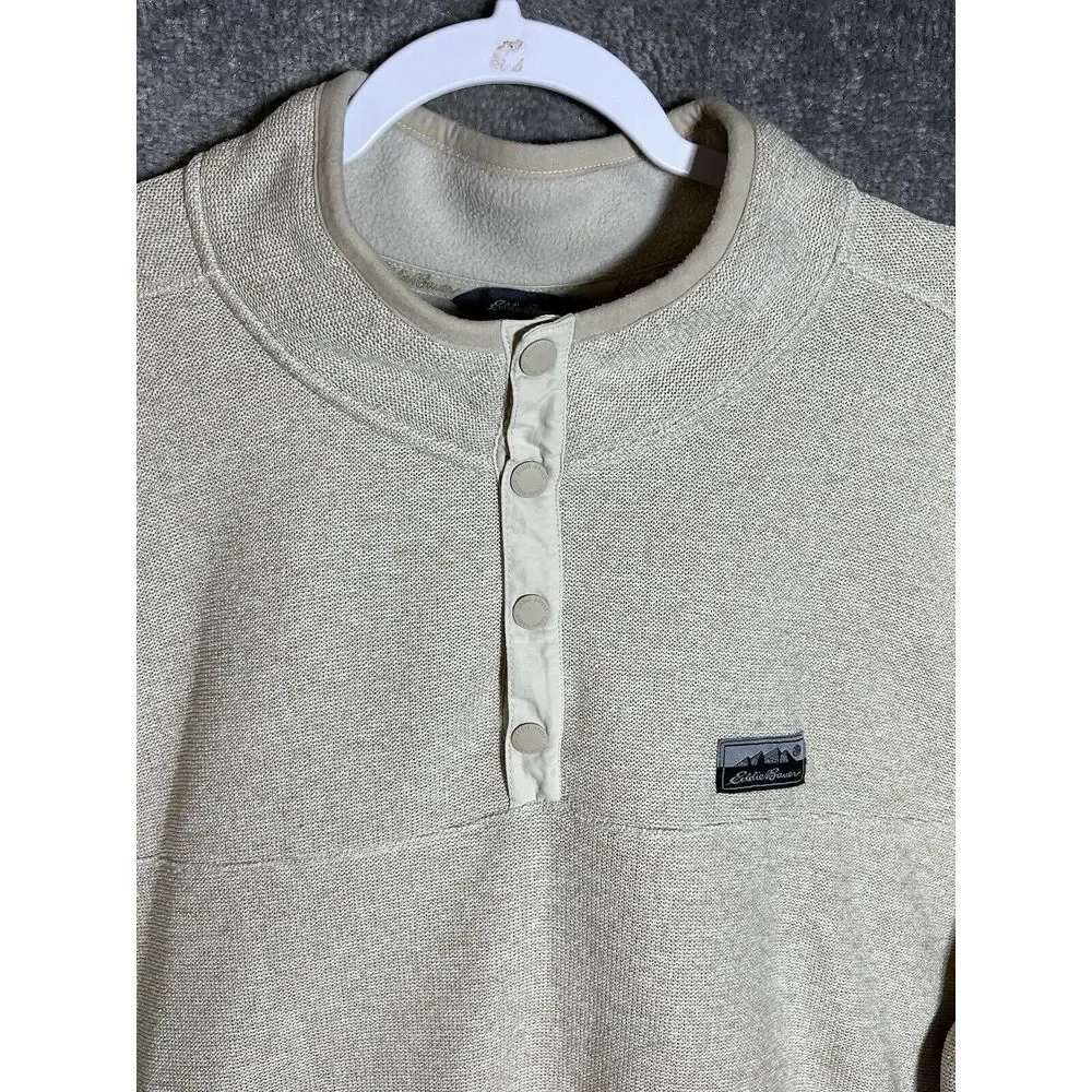 Eddie Bauer 1/4 Snap Fleece Lined‎ Sweater Mens Size XXL Beige Kangaroo Pocket